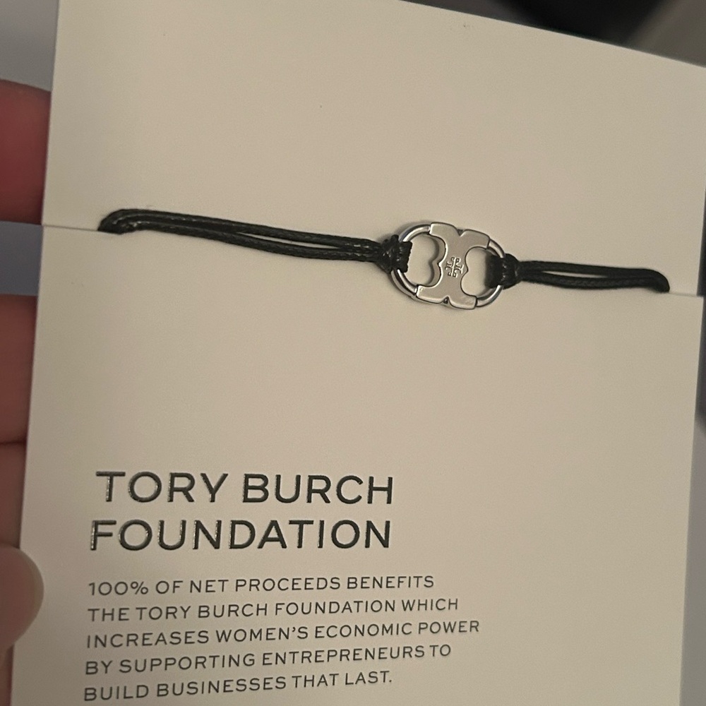 Tory Burch Black Cord Bracelet with Silver Logo Charm - Picture 3 of 6